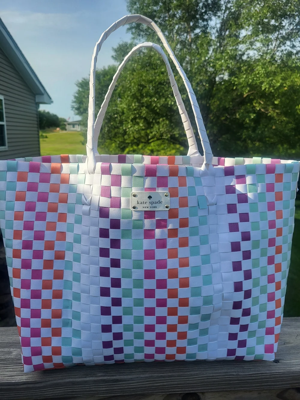 Kate Spade Multicolored Checker Woven Tote